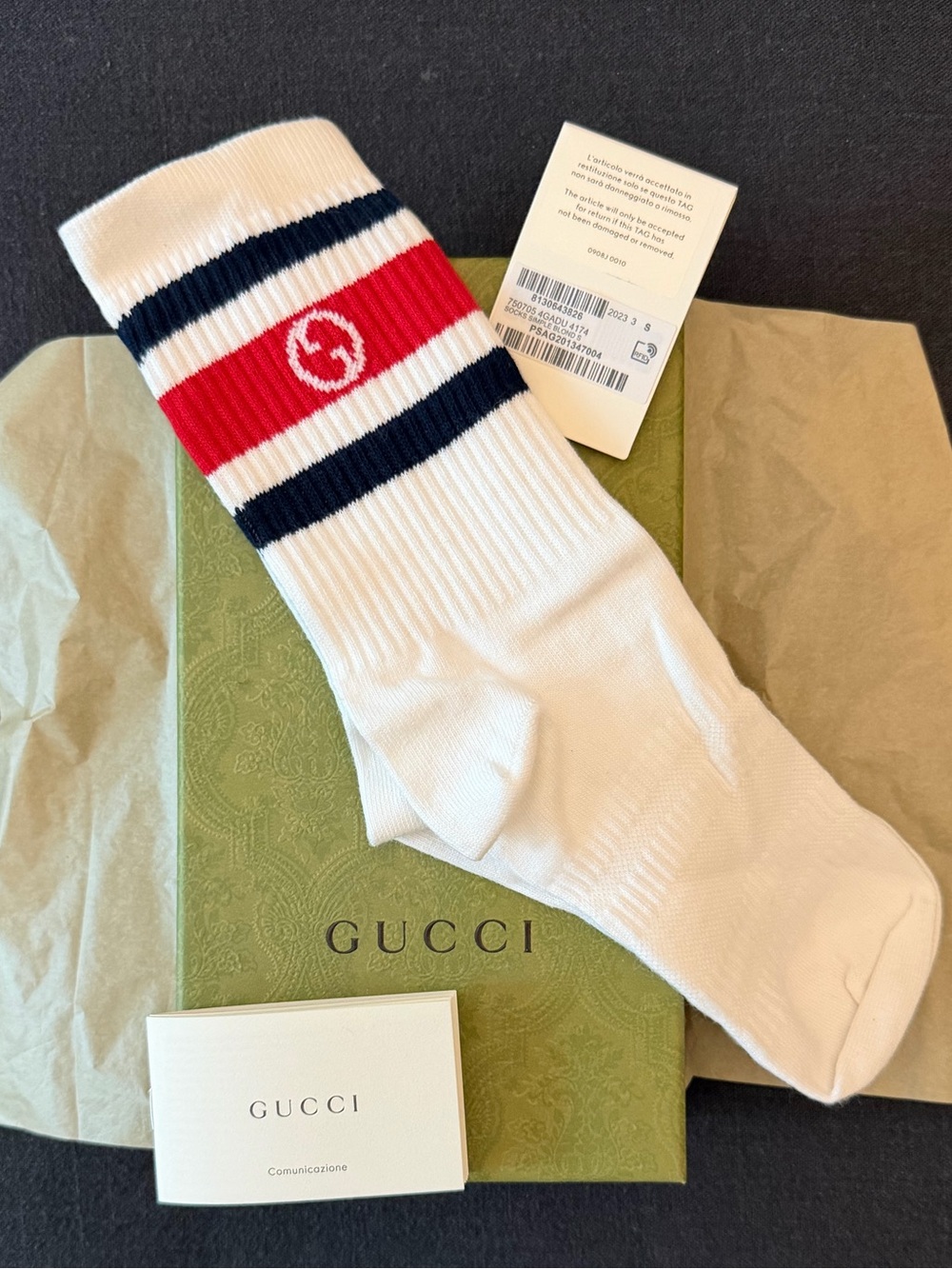 Gucci White Crew Socks with Red and Navy Logo Stripes